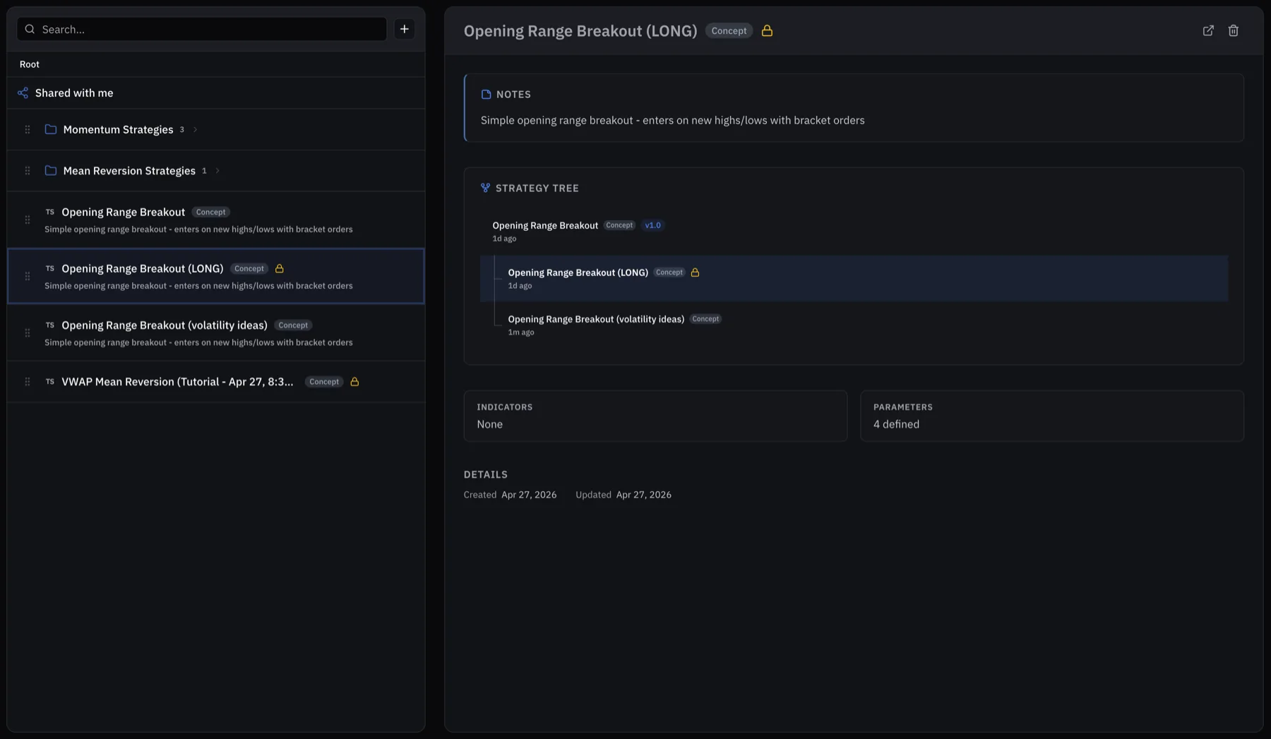 Trading strategy ideation workspace in StratSmith